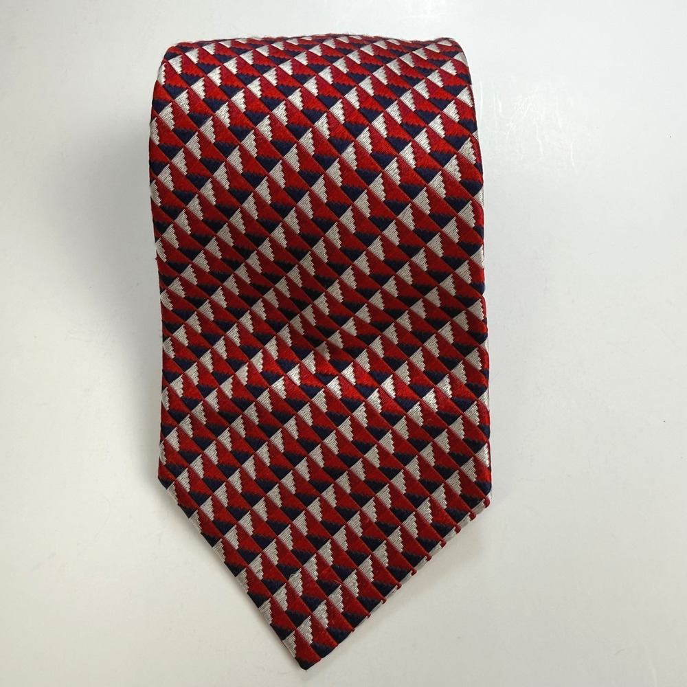 Turnbull & Asser Silk Tie Red Navy Blue Geometric Jacquard England 3.5" Wide